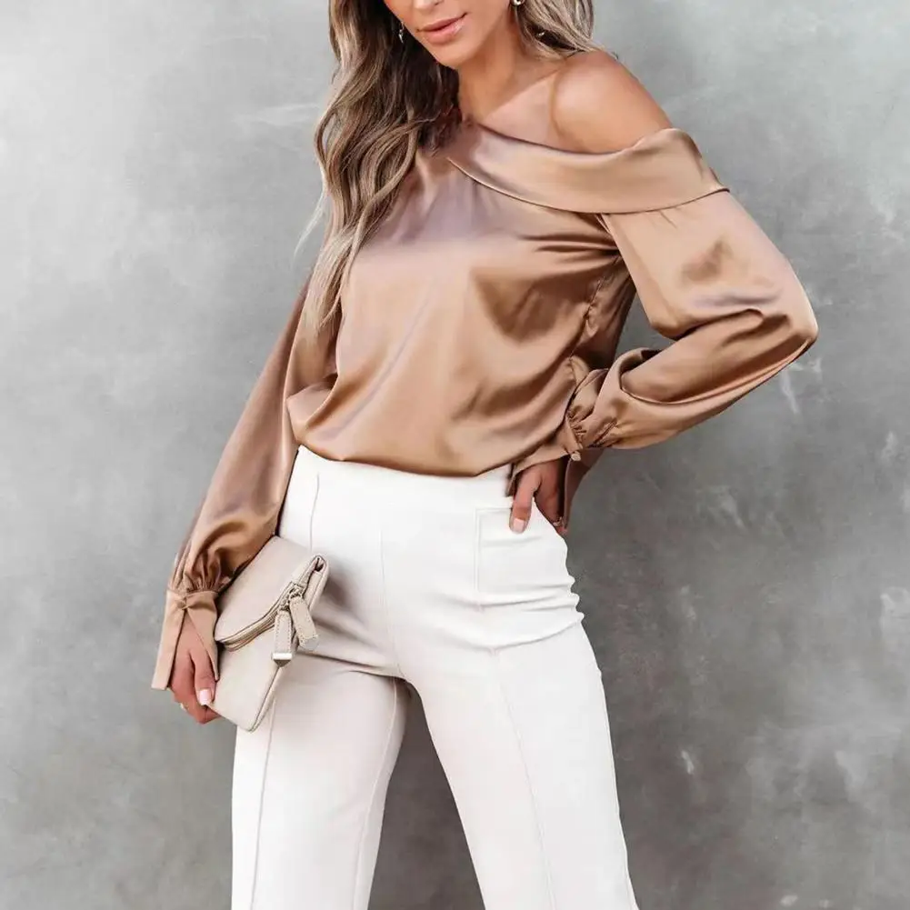 

Elegant Skew Collar Lady Blouse Top Off Shoulder Sexy Solid Color Long Sleeve Spring Fashion Women Shirt Female Clothing blouses