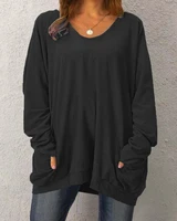 Solid Color Round Neck Loose Casual Long Sleeve Pocket Top