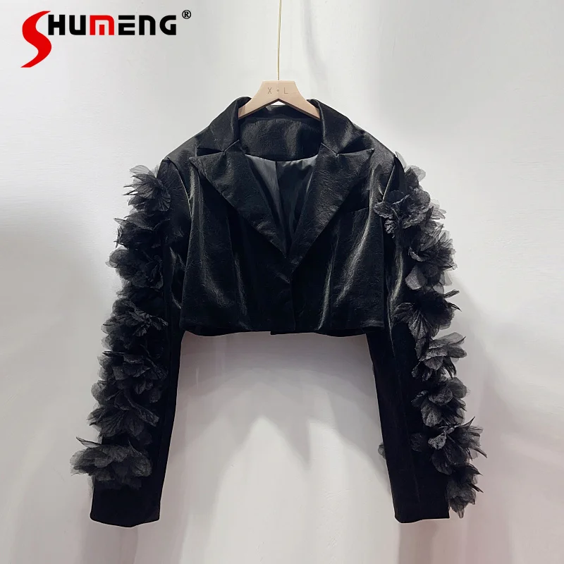 

2023 Autumn New Three-Dimensional Mesh Flowers Sleeve Textured PU Leather Jacket for Women Short Coat Top Lady High Waist Coats