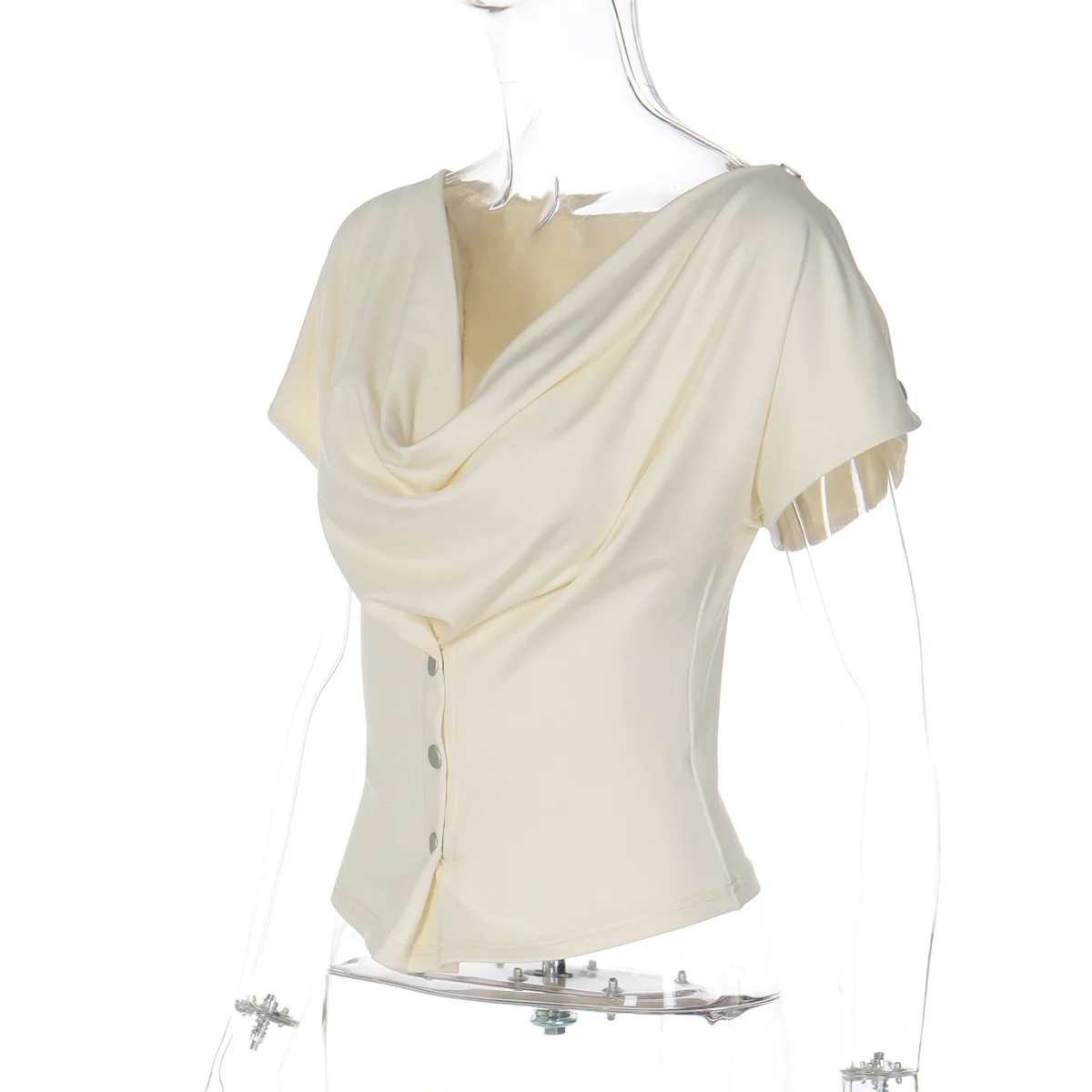 Tuularose Women Summer Top Fashion Button-Front Patchwork V-Neck Pleated Fitted Top New Casual High-Street Party Female T-Shirts