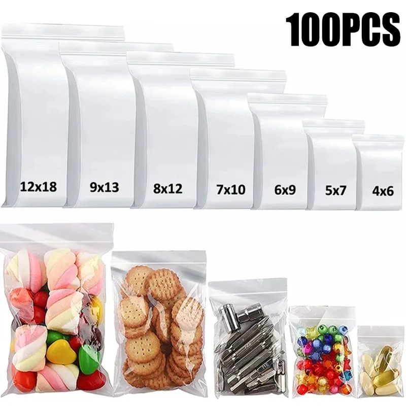 100Pcs Transparent Plastic Zip Package Resealable Pouch Poly Bag Reusable Small Jewelry Food Packing Heavy-Duty Storage Bags