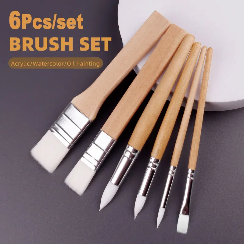 6Pcs Set Nylon Hair Art Paint Brush 0.4/0.7/0.8/1.6/2.5 Tip Artist Acrylic Oil Watercolor Drawing Wood Handle Scrubbing Brush 8pcs color wood handle nylon artist paint brushes set cloth bag plastic tube fan wide brush for acrylic oil watercolor painting