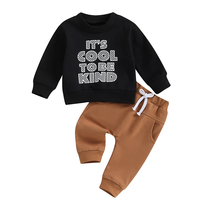 

Baby Boy 2 Piece Outfits Checkerboard Letter Print Long Sleeve Sweatshirt and Elastic Pants for Toddler Fall Clothes