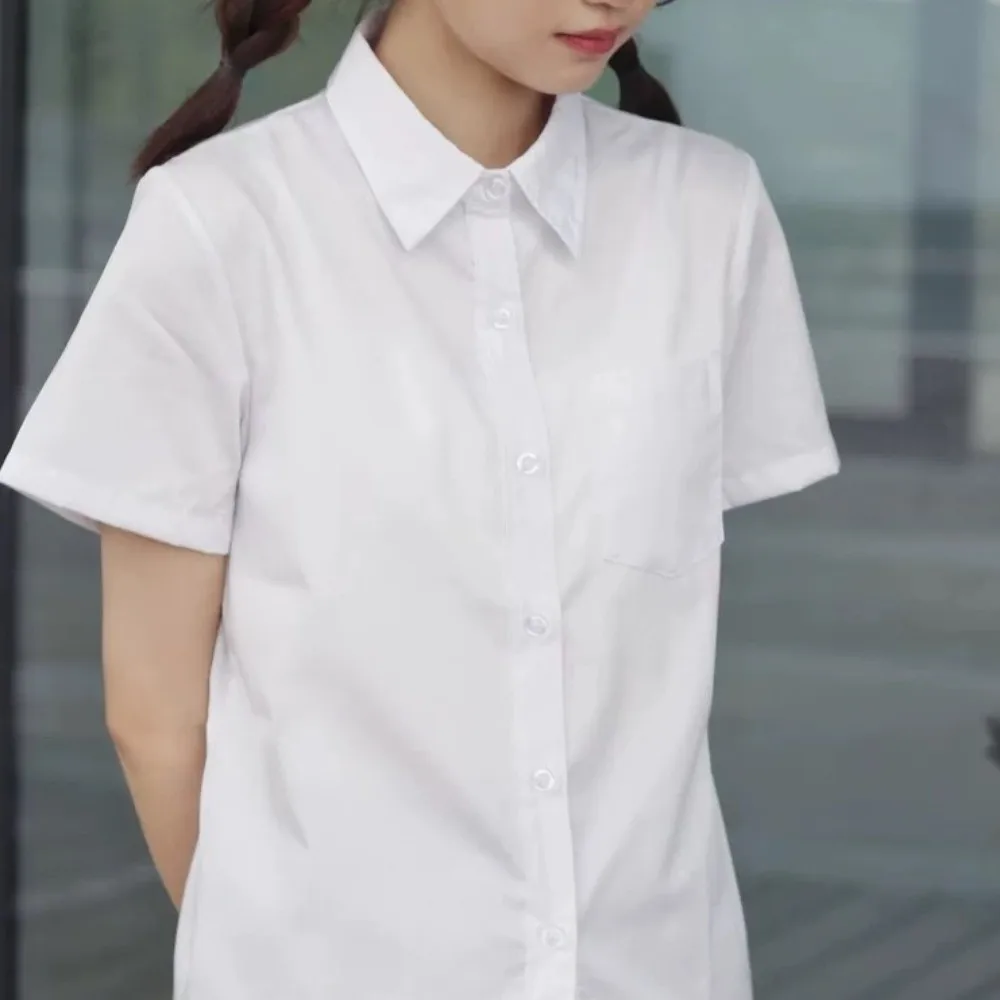 Camisa Blanca Clásica Informal, Camisa Básica de Corte Holgado, Estilo Preppy, Blusa de Manga Corta, Temporada de Gradua