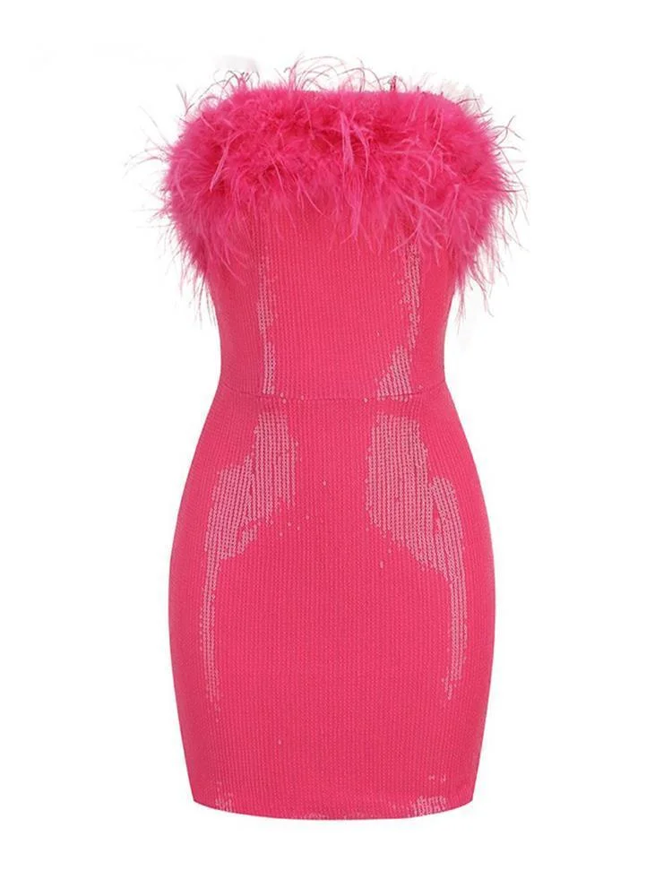 

2023 Summer Feathers Sequin Dresses For Women Strapless Sleeveless Sexy Solid Short Mini Dress Female Fashion Bodycon