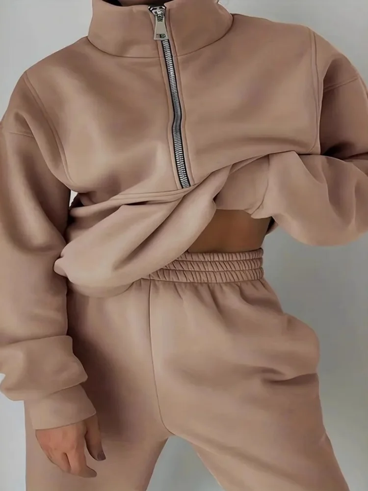 Wmstar Two Piece Set Women Wholesale Fashion Sporty Home Loose Comfortable Zipper Fleece Knitted Sweatshirts Sweatpants 2025