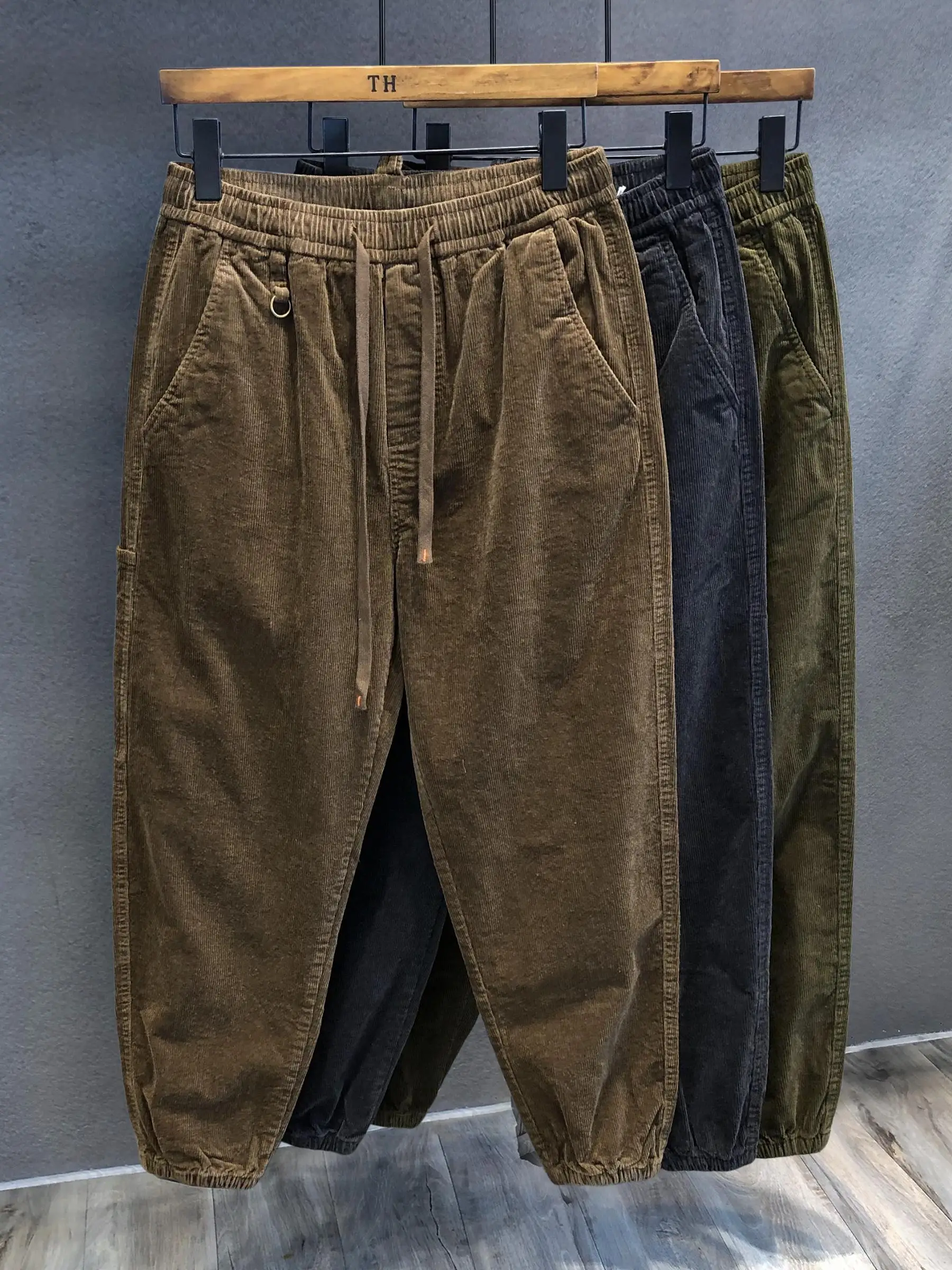 Men's Loose Fit Corduroy Harlan Workwear Trousers Casual Long Pants Youth Active Sle All Season Khaki Color