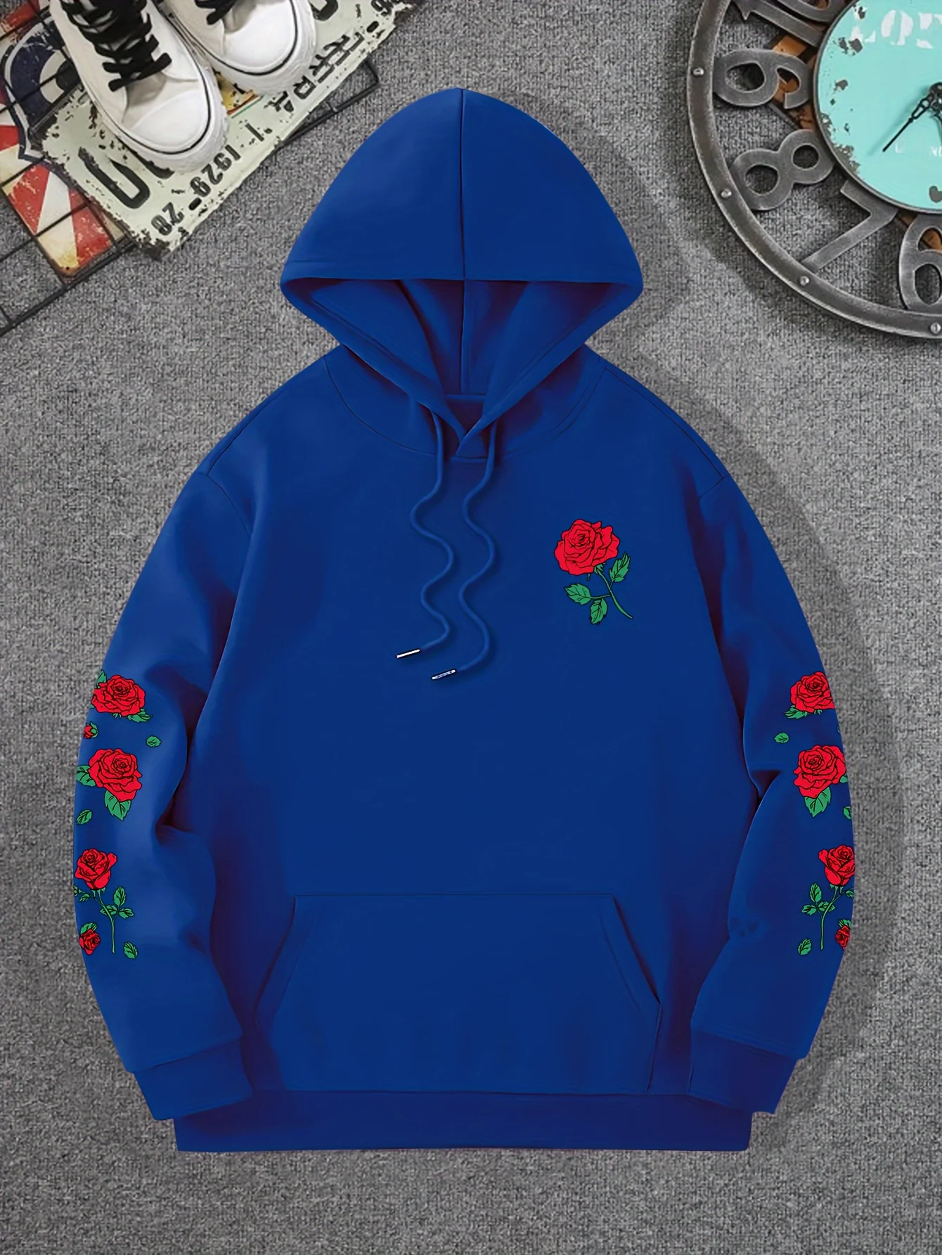 Boys Rose Print Hoodie Casual Floral Sleeve Hooded Sweatshirt Long Sleeve Streetwear Pullover Tops For Kids - 2