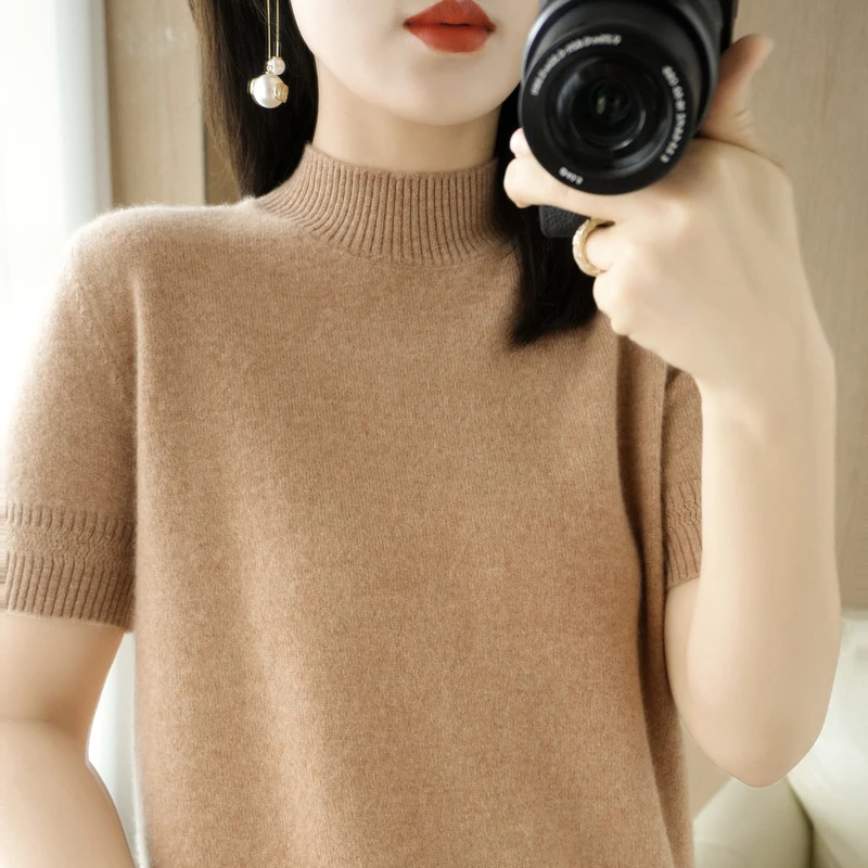

Spring Autumn Women Sweater Casual Warm Bottoming Shirts Mock Neck Basic Knitwear Short Sleeve Pullovers Korean Fashion Jumper
