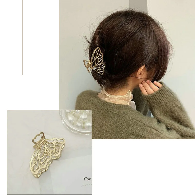 Butterfly Pearl Hair Clip Geometric Metal Hair Claw Gold Hollow Hairpin