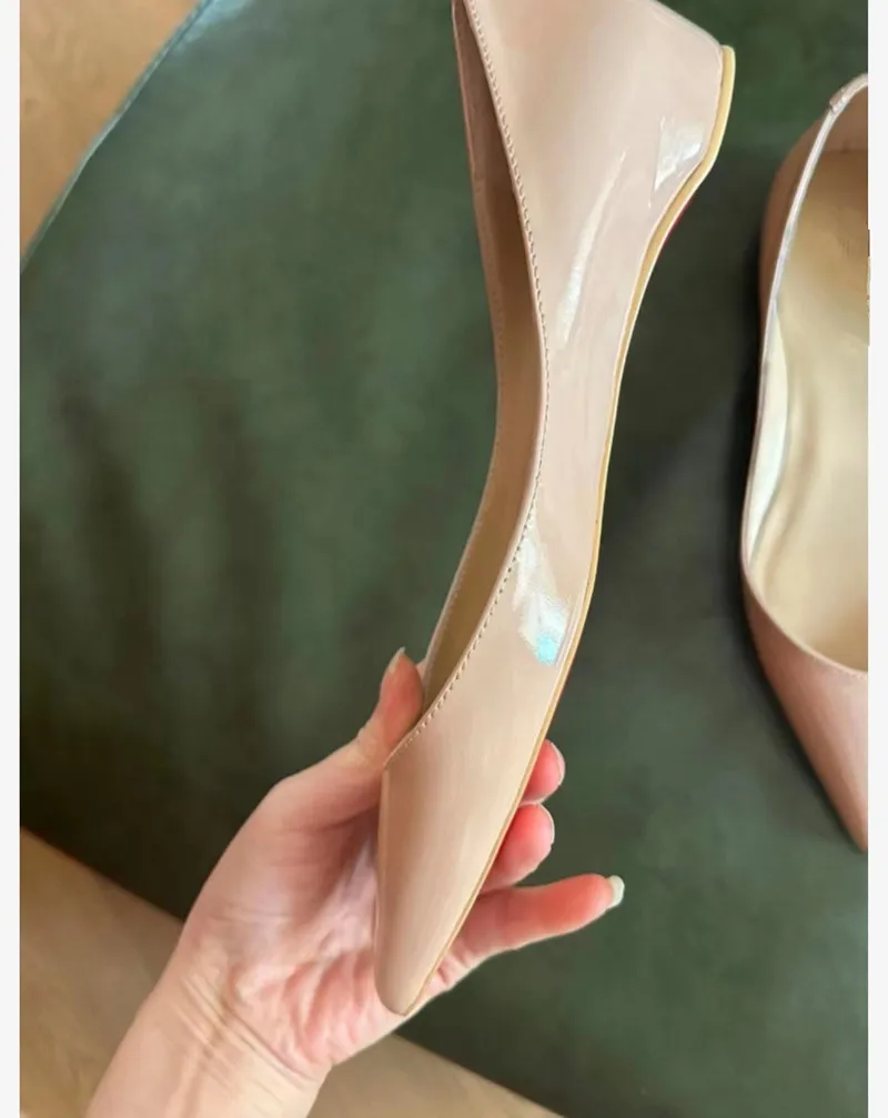High Quality Sheepskin Patent Leather Women's Flat Shoes 24 New Pointed Shallow Mouth Sexy Nude Black Red Single Shoes For Women