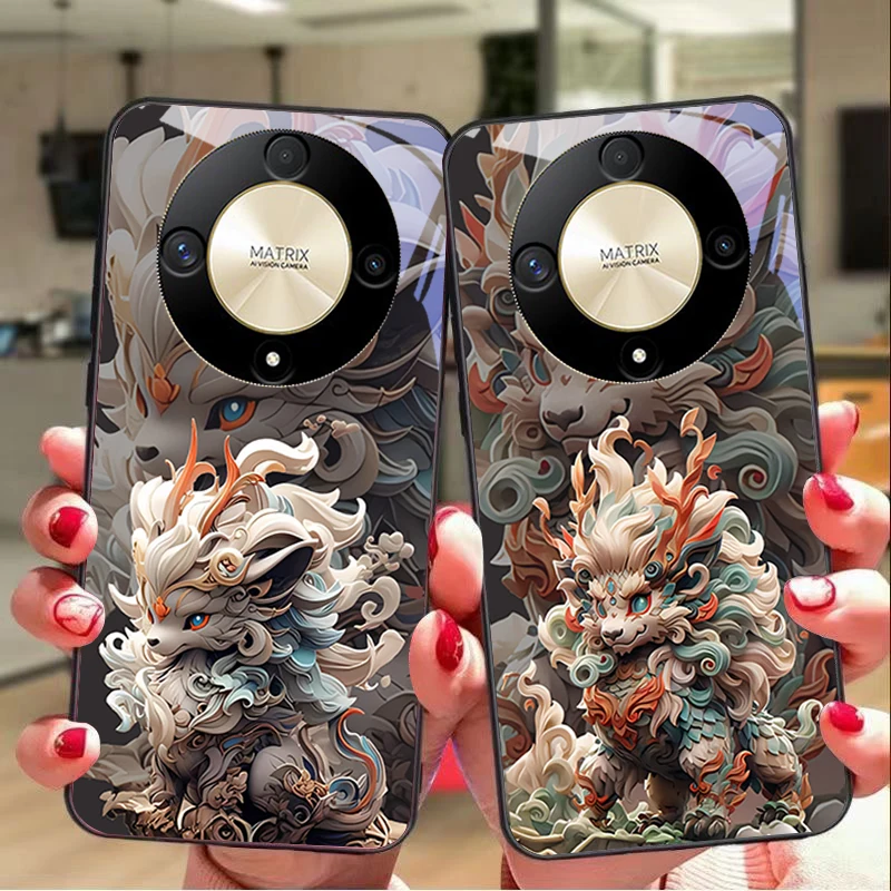 Chinese Style Lion Design Tempered Glass Phone Case