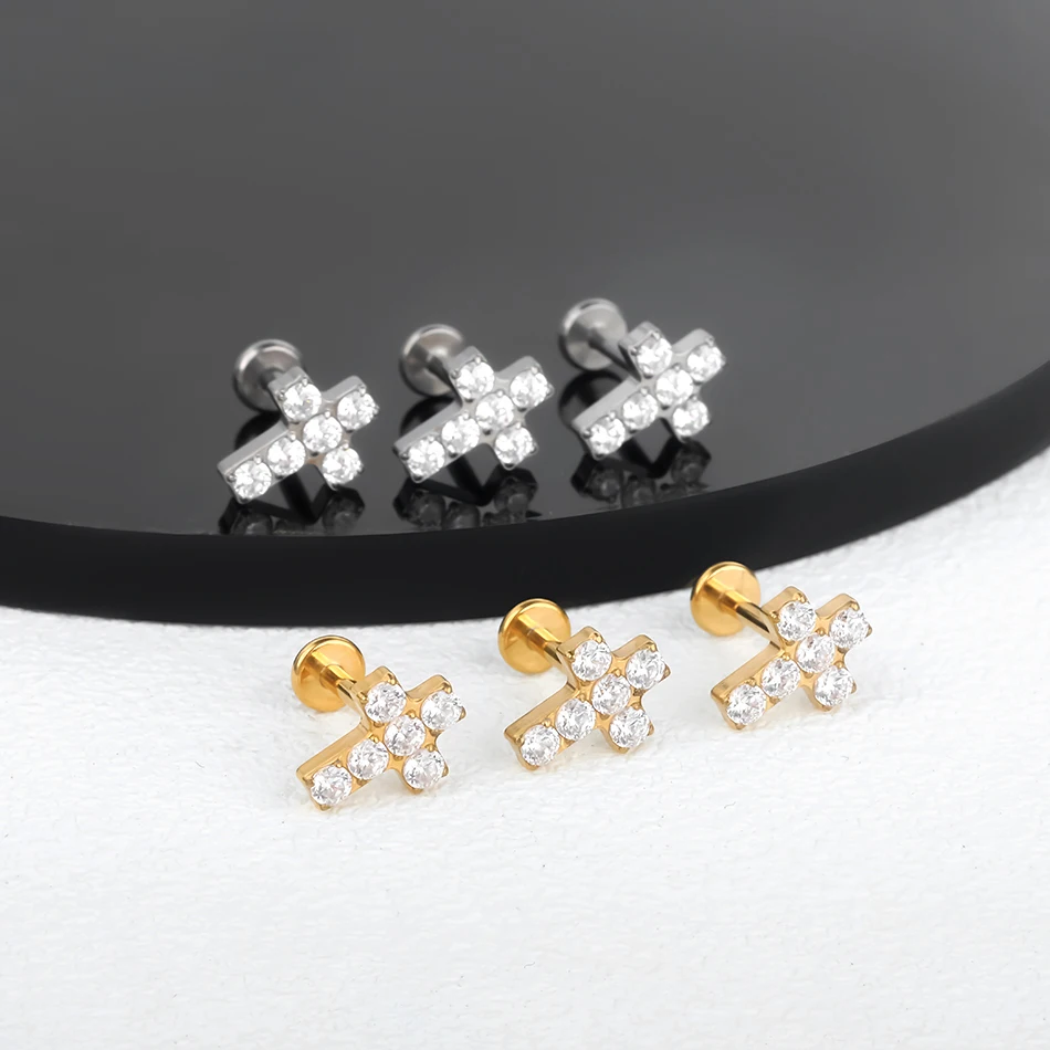 1/5pcs Implant Grade Titanium Labret Piercing Internally Threaded Flat Back Stud Earring with CZ Paved Cross Top Body Jewelry 6