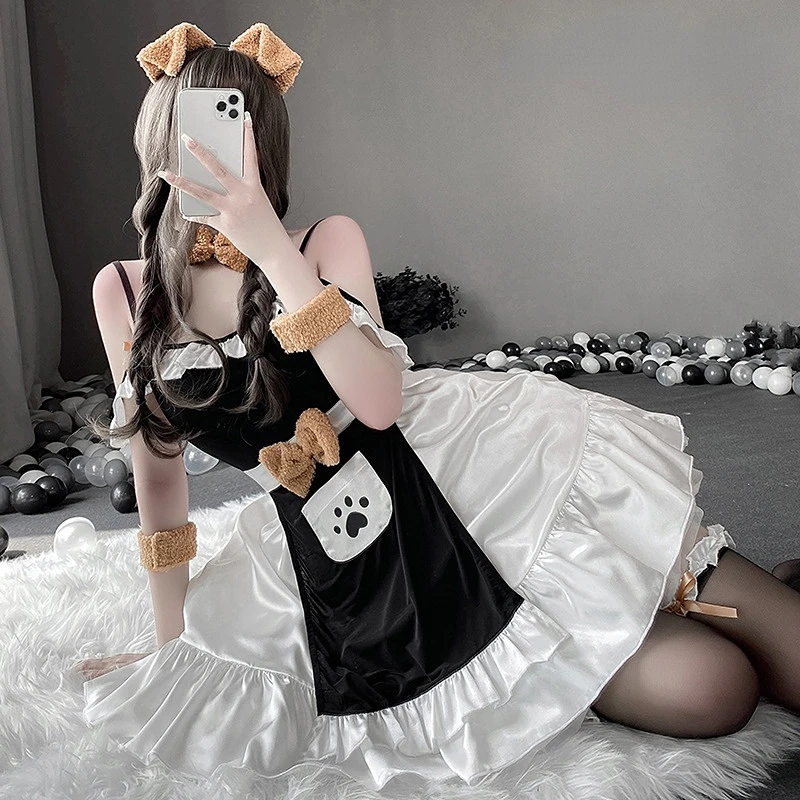 Women Lingerie Animal Cosplay Costume Strap Off Shoulder Women Maid Dress With Apron Backless Bow Sexy Puppy Cute Bear Lingerie