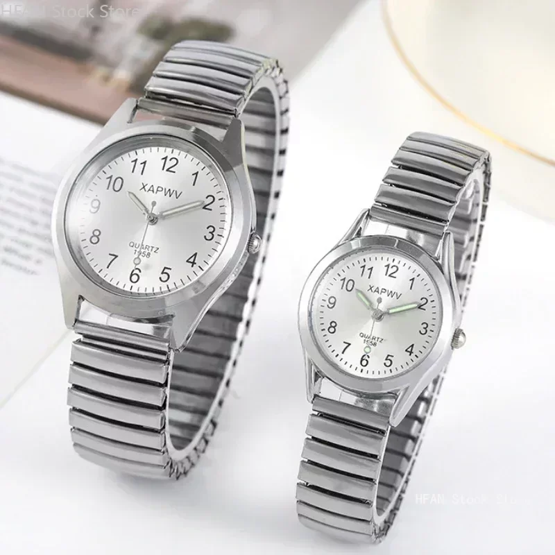 Montres-bracelets de couple pour hommes et femmes, bracelet en acier inoxydable, alliage, amoureux, mouvement d'affaires, montre-bracelet, bracelet élastique, montre à quartz