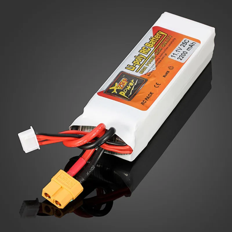 Vue latérale de la batterie LiPo Rechargeable 11.1V 2200mAh 25C montrant son étiquette