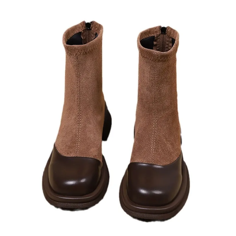 Autumn Winter Women Ankle Boots Fashion Patchwork Leather Thick Bottom Shallow Short Boots Low Heels Flock Ladies Platform Shoes