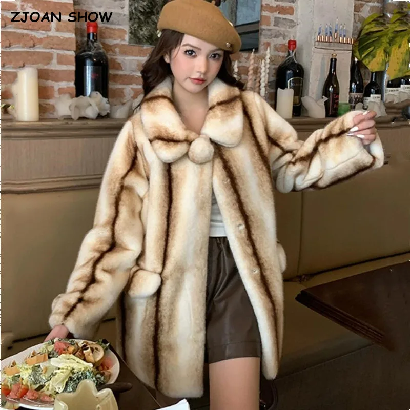 

2023 Winter Lapel Gradient Stripe Hairy Shaggy Mink Faux Fur Coat Ball Cuff Long Sleeve Warm Furry Jacket Women Midi Outerwear