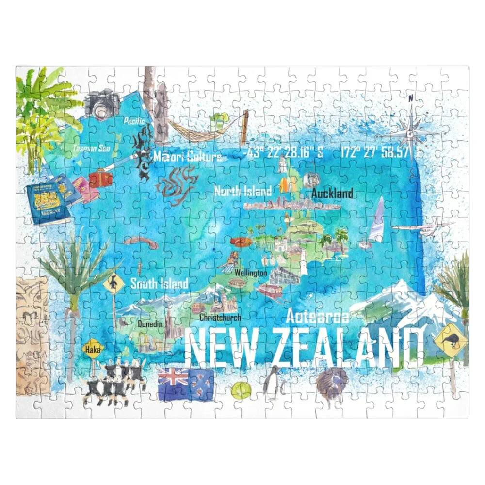 

New Zealand Illustrated Travel Map with Tourist Highlights Jigsaw Puzzle Wooden Jigsaw Puzzle Wooden Puzzle Adults