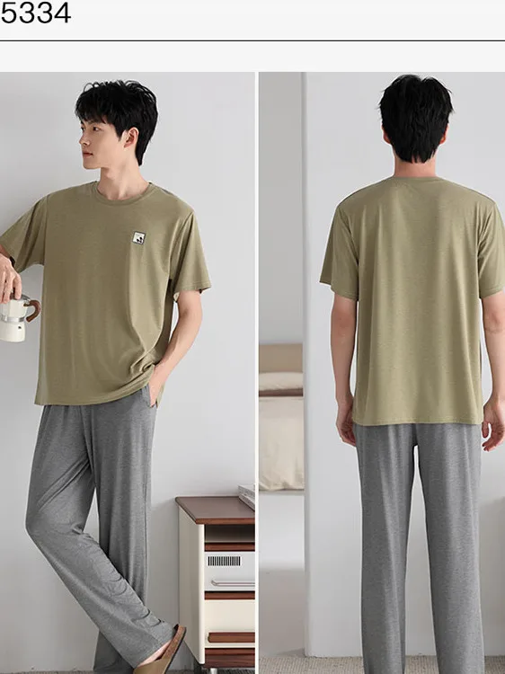 남성 여름 잠옷 모달 코튼 시원한 느낌의 반팔 긴바지 편안한 홈웨어 투피스 세트 캐주얼 스타일