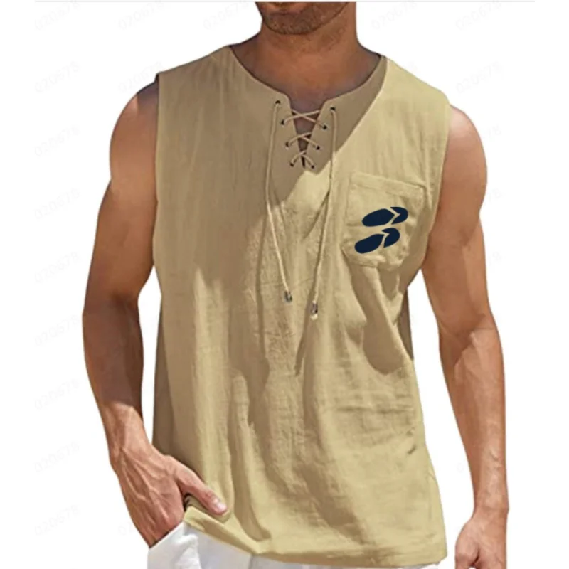 

T-shirt Men Sleeveless Shirt Printed with Small Flower Tie Up Fashion Navy Blue Cotton Linen Short Sleeved T-shirt