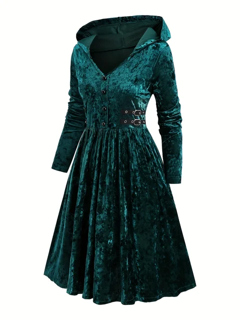 European and American fashion retro style large-sized velvet imitation button hooded dress with pleated sleeves A-line dress