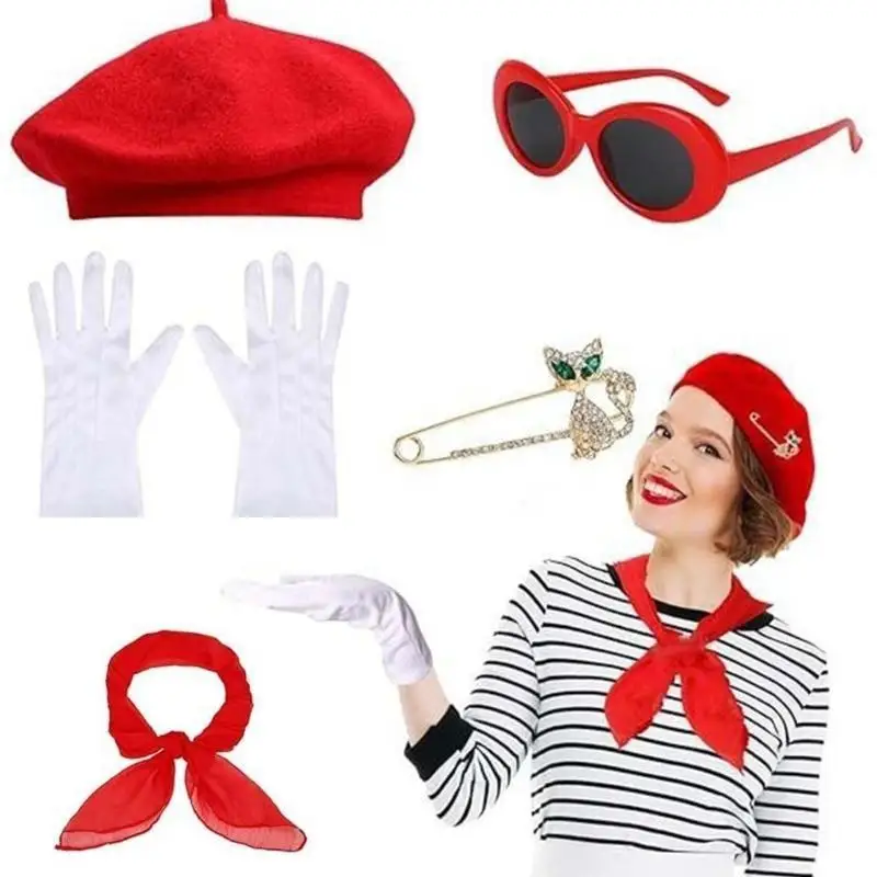 39BD Women 1980s Cosplau Outfit Accessories Hat Glasses Heart Earring Scarf Gloves for Halloween Cosplay Theme Party - 4