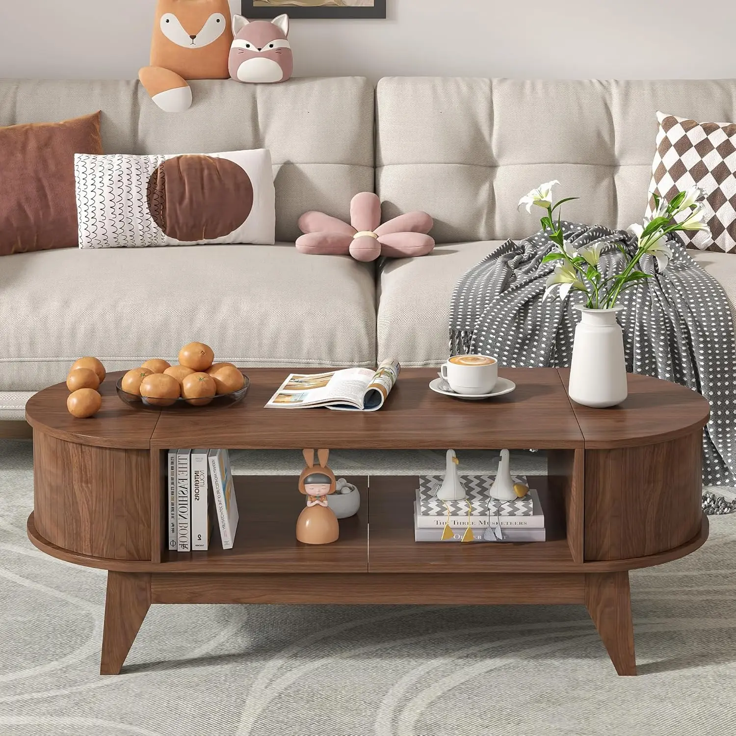 Coffee Table with Storage,Mid Century Modern Coffee Tables with 2 Flip-Top Hidden Lids,Fluted Coffee Table,Wood Center Tables