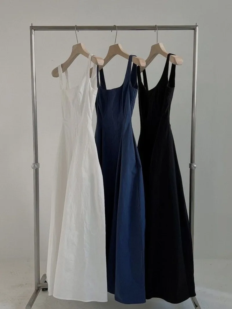 

Elegant Pleated Dress Women Midi Solid Sleeveless Strap Female A-line 2024 Summer Korean Casual High Waist Lady Vestidos