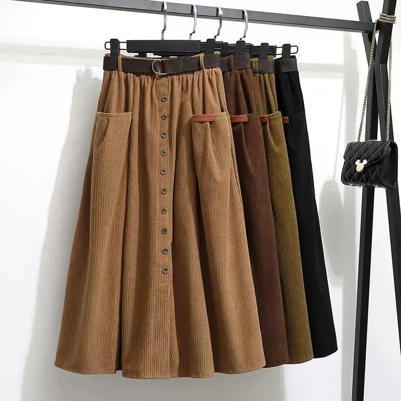 

Retro Loose Corduroy Skirt Autumn Winter Women's Mid-length High Waist Skirts Korean Style Streetwear Y2k Vintage Clothes Woman