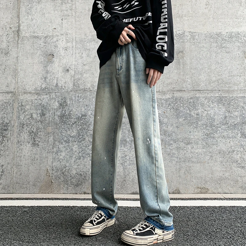 Male Retro Y2k 2000s Style Patchwork Tassel Jeans Youth Popular Tide Brand High Street Stylish Denim Pants Wide Leg Trouser