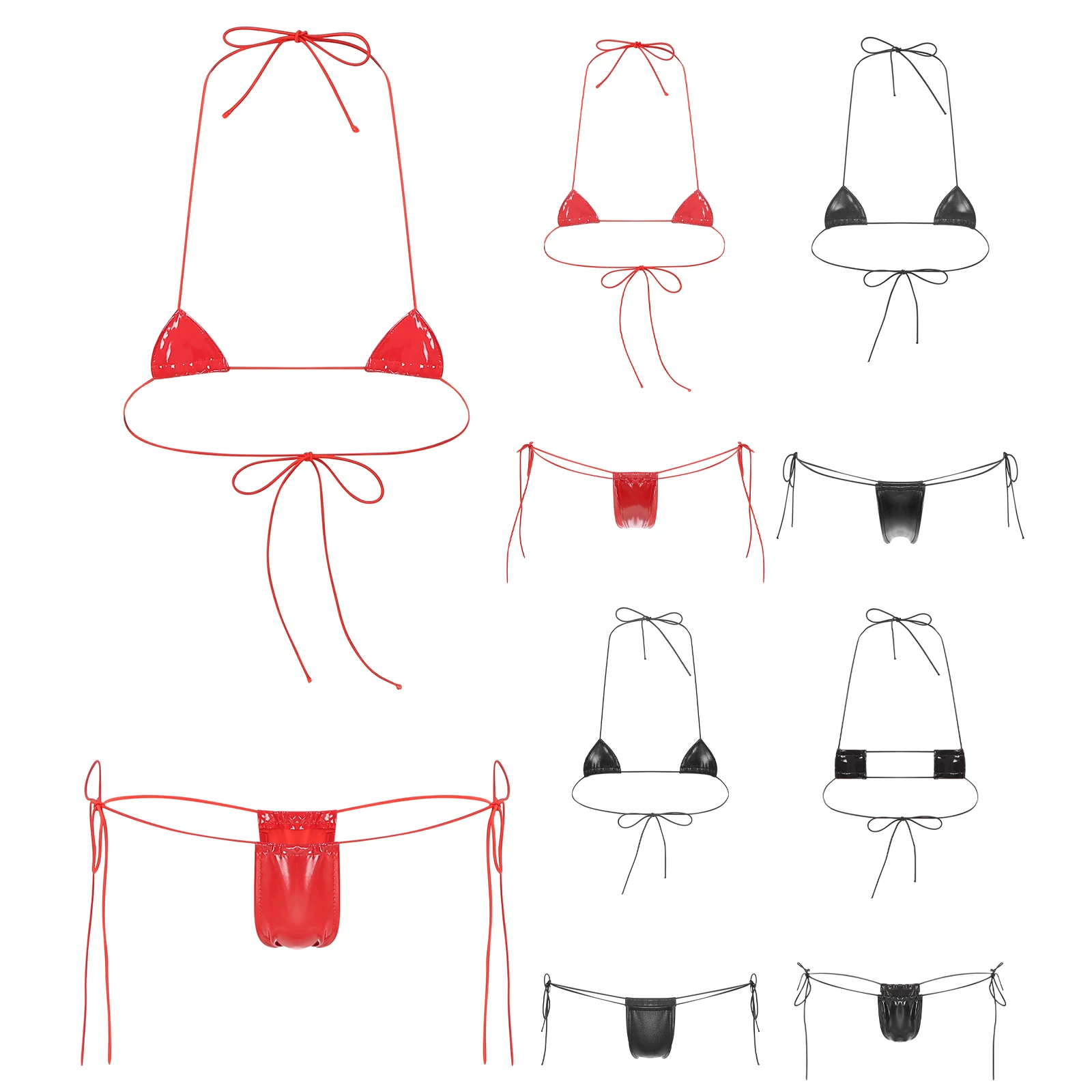 Womens Patent Leather Micro Bikini Set Wet Look Two-Piece Lingerie Suit Halter Lace-up Bra with Low Rise G-string - Image 2