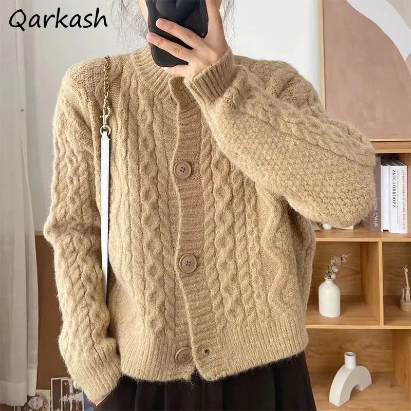 

Knitted Cardigan Women Vintage Autumn Cozy Outwear Soft Gentle Korean Style All-match Girls Chic Sweater Pure Office Lady O-neck