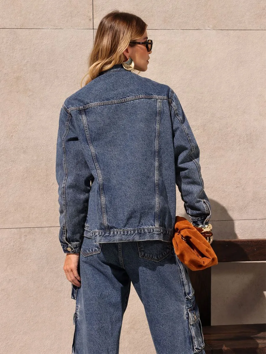 Bornladies Women's Retro Dark Blue Denim Jacket Lapel New Autumn Loose Stylish Casual Daily Outerwear Denim Tops