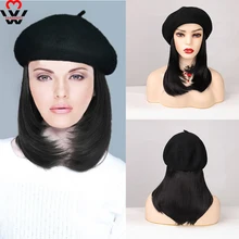 

MANWEI Synthetic Hair Short Curly Hat Wigs For Women with Black Beret Naturally Connect False Hair Girl Party Hat Wig