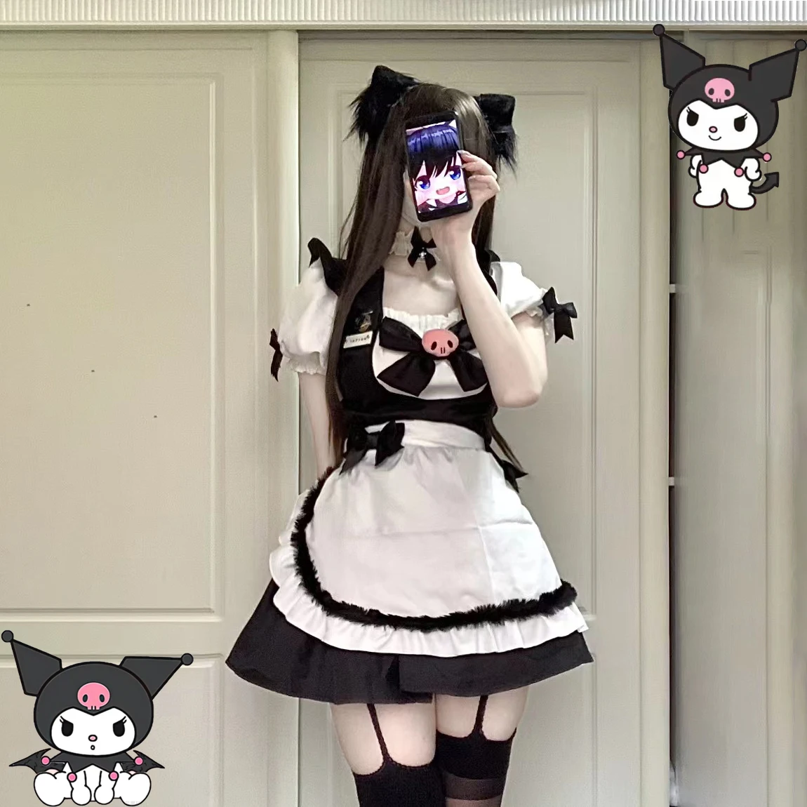 

Sanrios Kuromi Anime Cartoon JK Maid Cos Uniform Lolita Turn-down Collar Puff Sleeve Dress with Apron Kawaii Princess Dresses