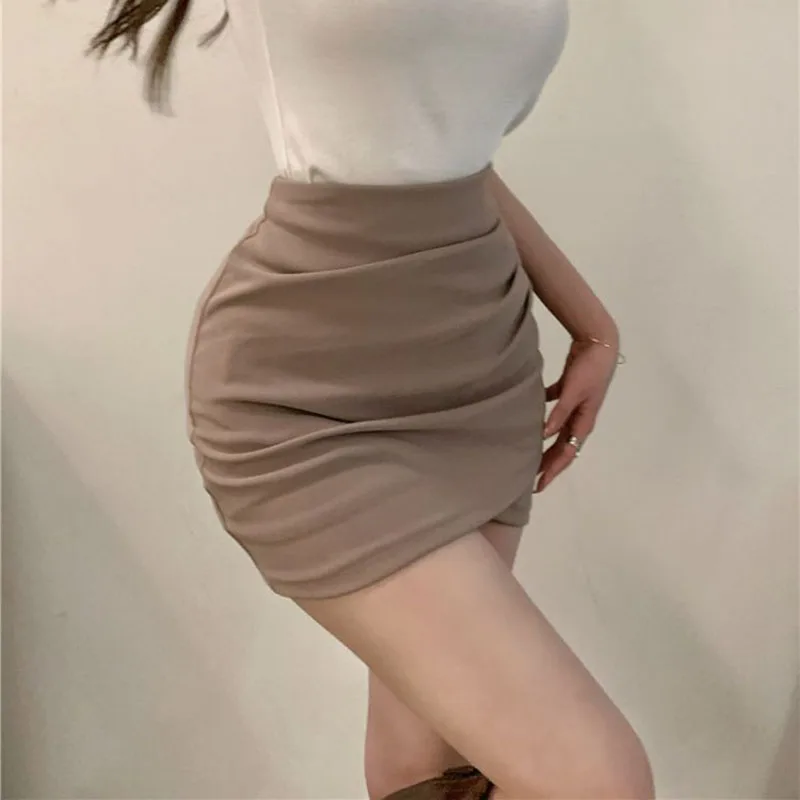 Lucyever Korean Fashion Mini Skirt Women Solid High Waist Irregular Folds Hip Wrap Pencil Skirt Ladies Sexy Slim Short Skirts 2