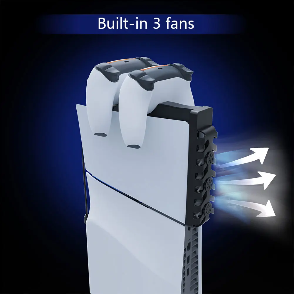 저소음 쿨러 선풍기 듀얼 컨트롤러 충전 스테이션, RGB 조명 포함, PS5 슬림 콘솔 및 컨트롤러용 효율적인 냉각 시스템