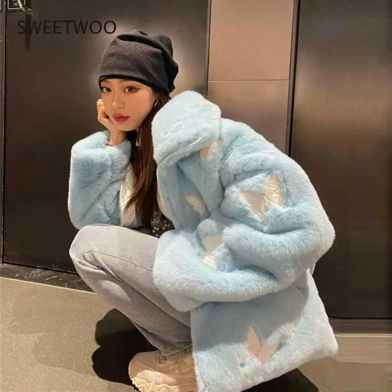 2022 Winter Faux Fur Coat Women's Plush Reflective Butterfly Imitation Coat Hip-Hop Casual Loose Coat Women's Thick Top