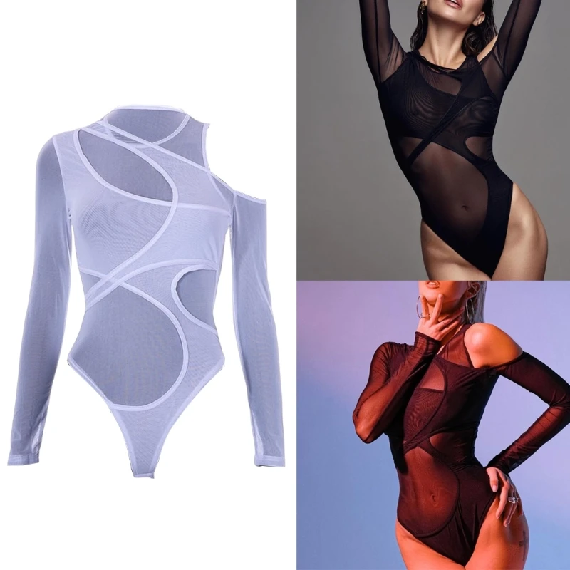 

Women Sexy Sheer Mesh Bodysuit Long Sleeve O-Neck Cutout Shoulder Asymmetrical Jumpsuits Solid See Through Skinny Leotard Top