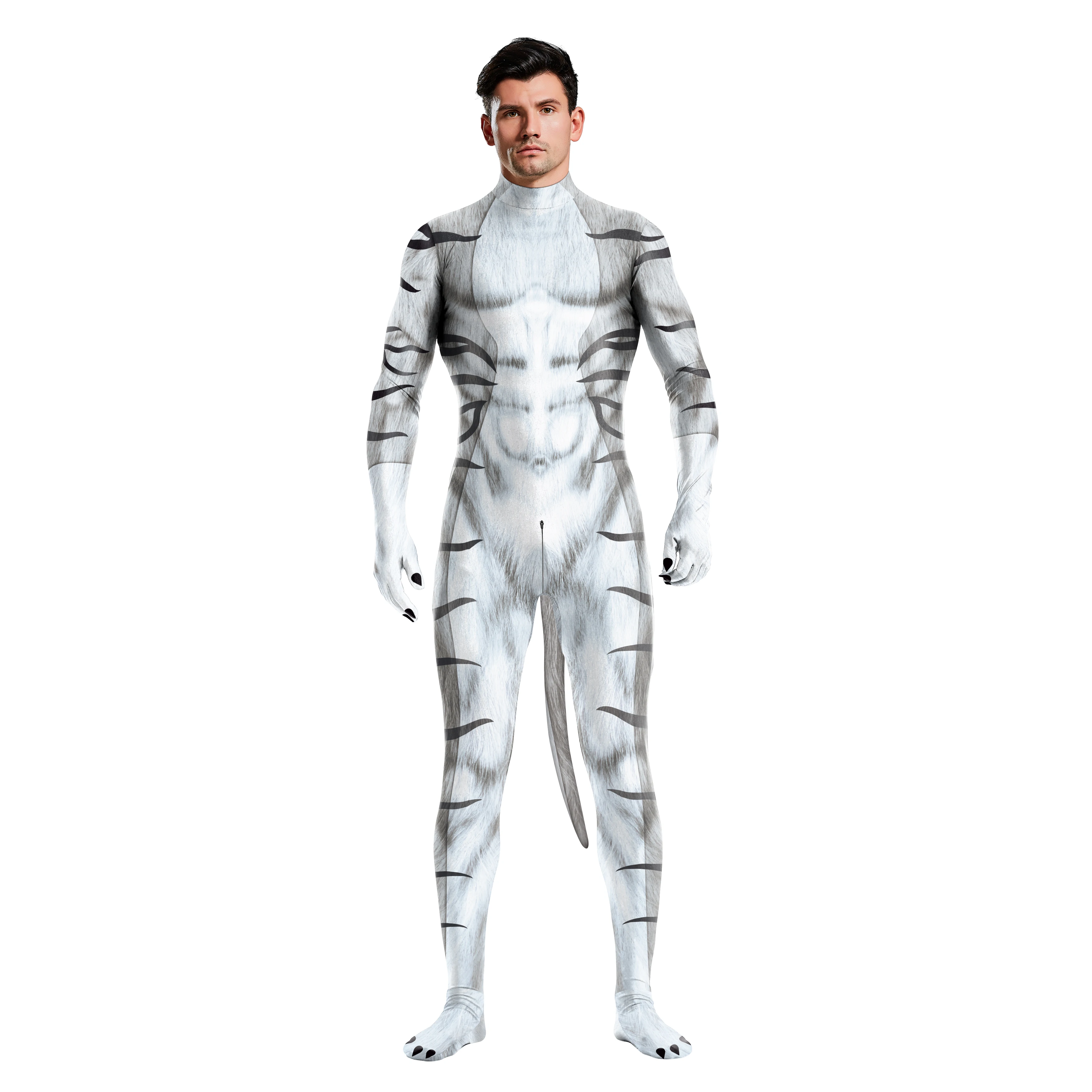 thumbnail image 1 of Disfraz de cosplay sexy y ajustado de Zawaland, conjunto de lobo de nieve con estampado 3D de animales, mono Zentai completo con cola, mono de fiesta, 1 of 5