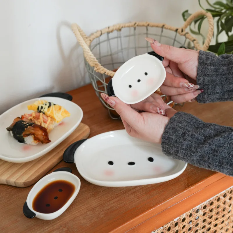 Cute puppy shaped 8-inch sushi plate and 4-inch dipping dish