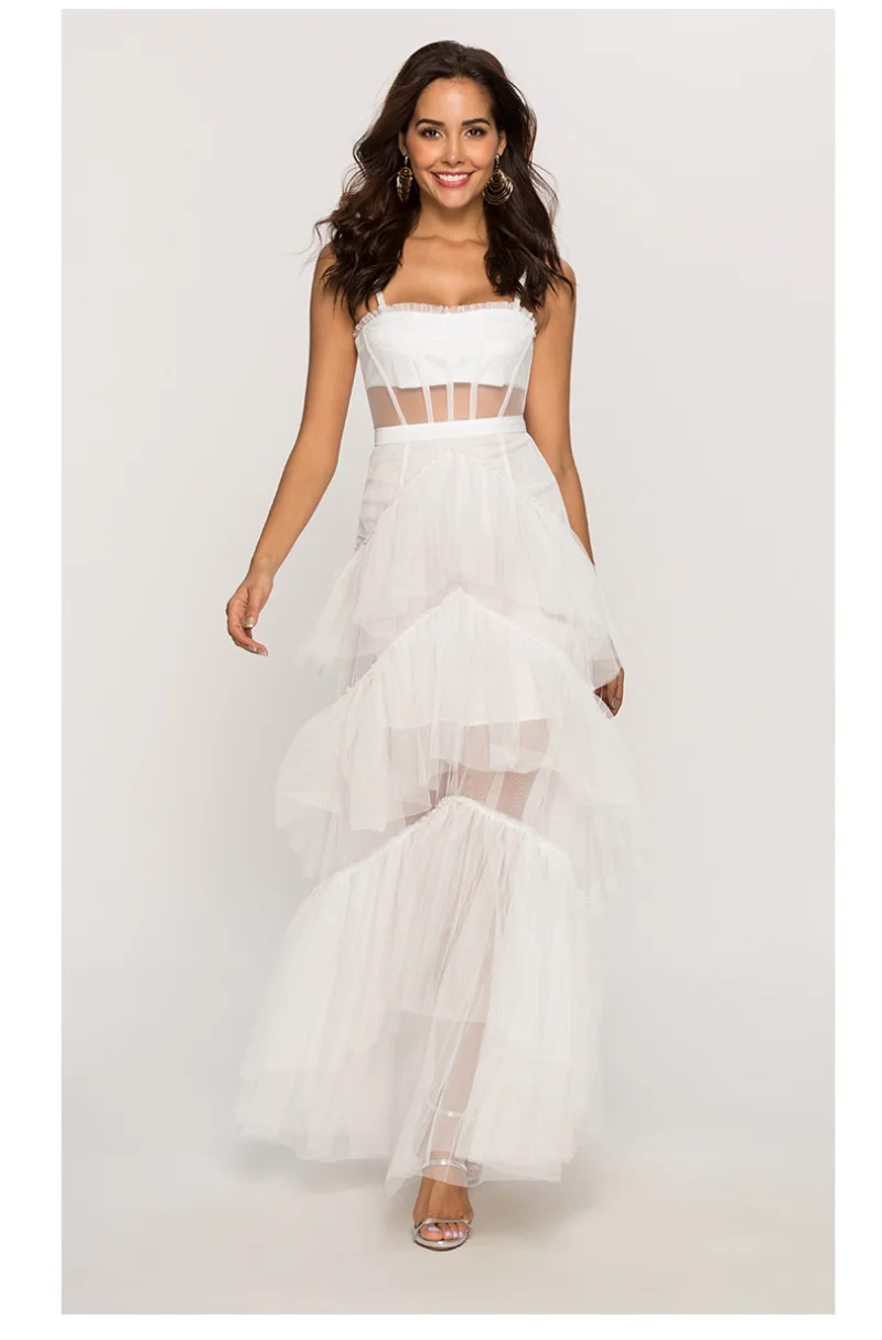 

Banquet Gown for Women Wedding Party Dresses Spaghetti Strap Skirt Fashion Lace Mesh Sleeveless Women's Prom Dress Vestidos