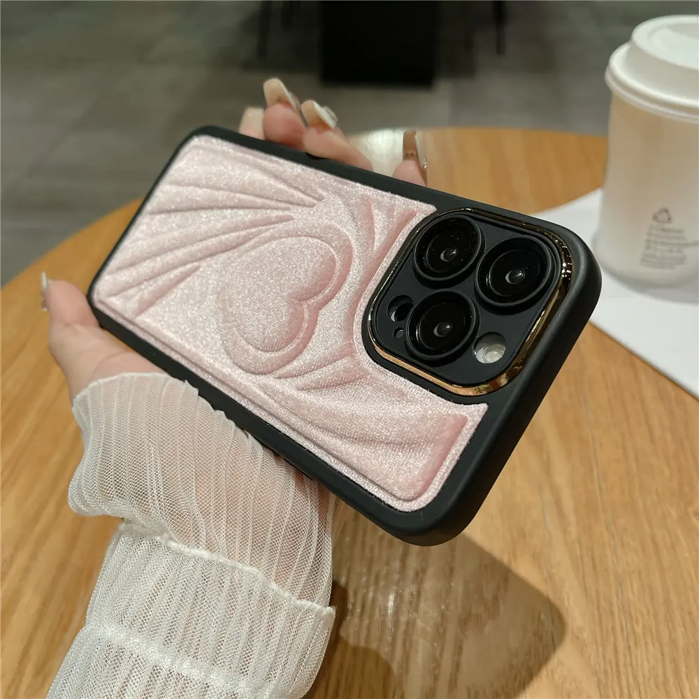 Custodia morbida al tatto in pelliccia con motivo a cuore 3D per iPhone 15 14 Plus 12 13 11 Pro Max, pellicola protettiva antiurto in vetro temperato_voghion.com