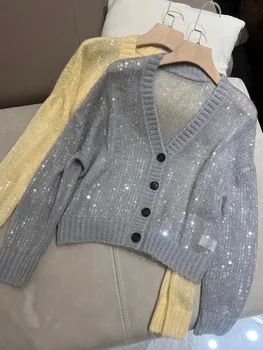24 Autumn and Winter Women's New Beaded V-Neck Shiny Mohair Knit Cardigan 1