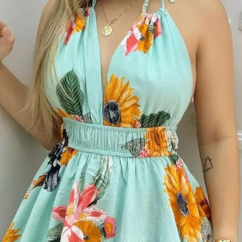 

2023 New Women Romper Playsuits High Waist Floral Flower Sleeveless Strap V Neck Sexy Mini Rompers
