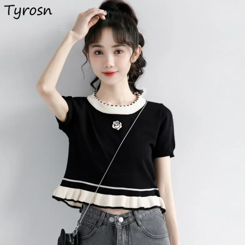 

T-shirts Women Knitting Design Simple Patchwork Leisure All-match Students Fashion Summer Daily Ruffles Tender Korean Style Cozy