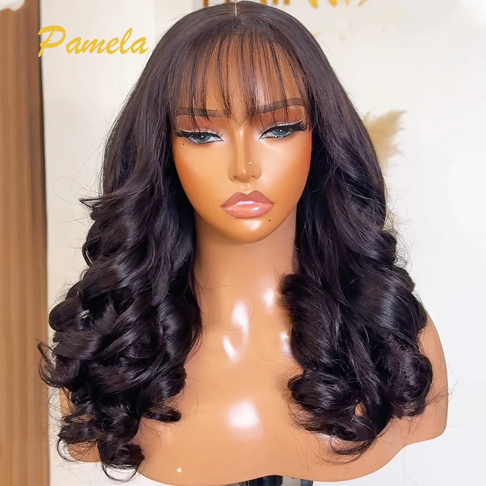 250% Density Loose Wave 13X6 Transparent Lace Front Glueless Lace Wig Human Princess Hair PrePlucked Ready To Go With Bangs