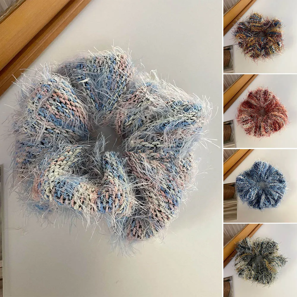 

Vintage Woolen Handmade Knitting Colorful Scrunchies Headwear Autumn Winter Sweet Plush Hair Band Female Hair Accessories
