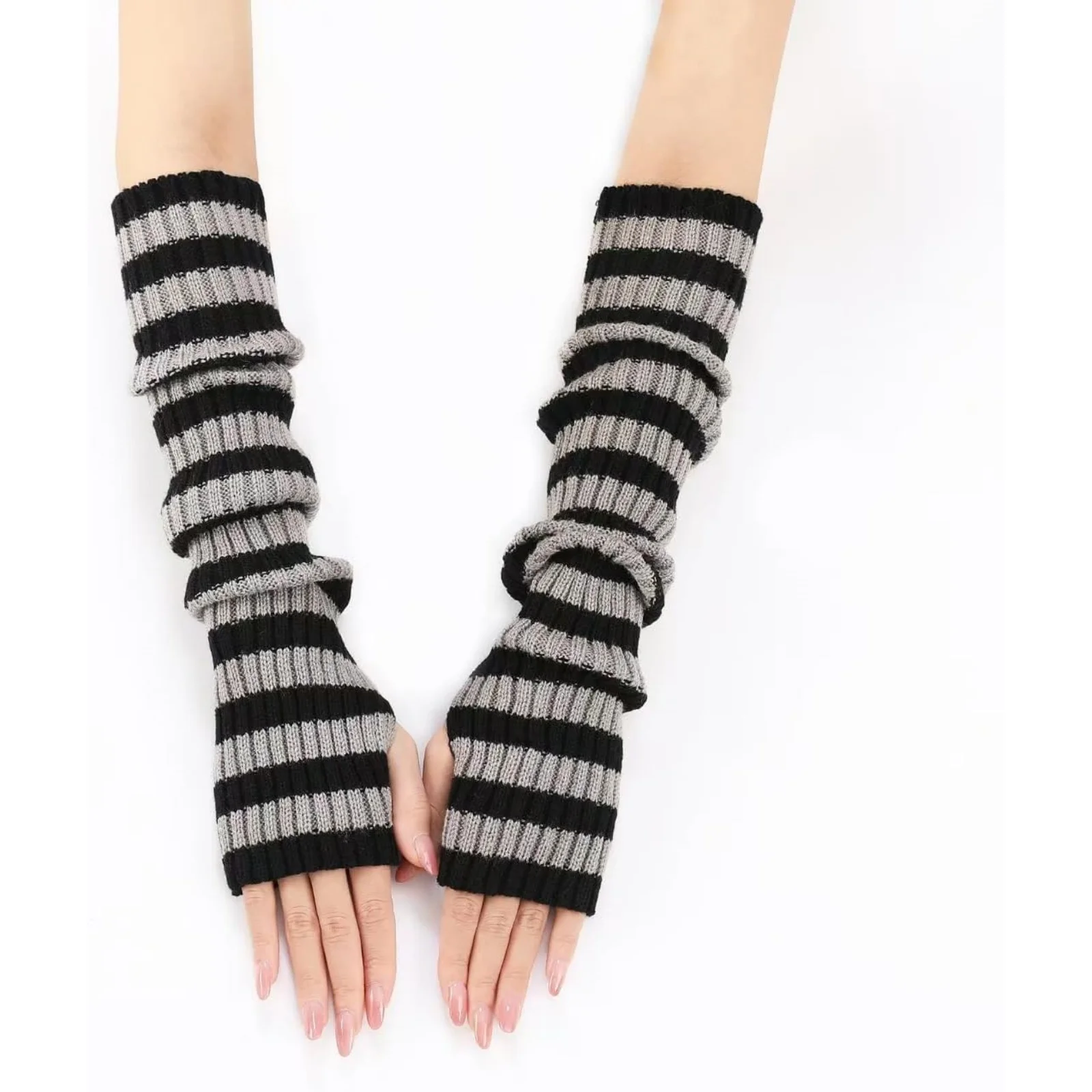 A Pair Of  Women's Striped Long Fingerless Gloves, Warm Winter Fall Arm Warmers, Stylish Knitted Elbow-Length Gloves For Ladies